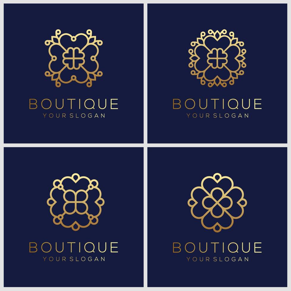 set of ornament logo design templates in trendy linear style with flowers and leaves - signs made with golden foil vector