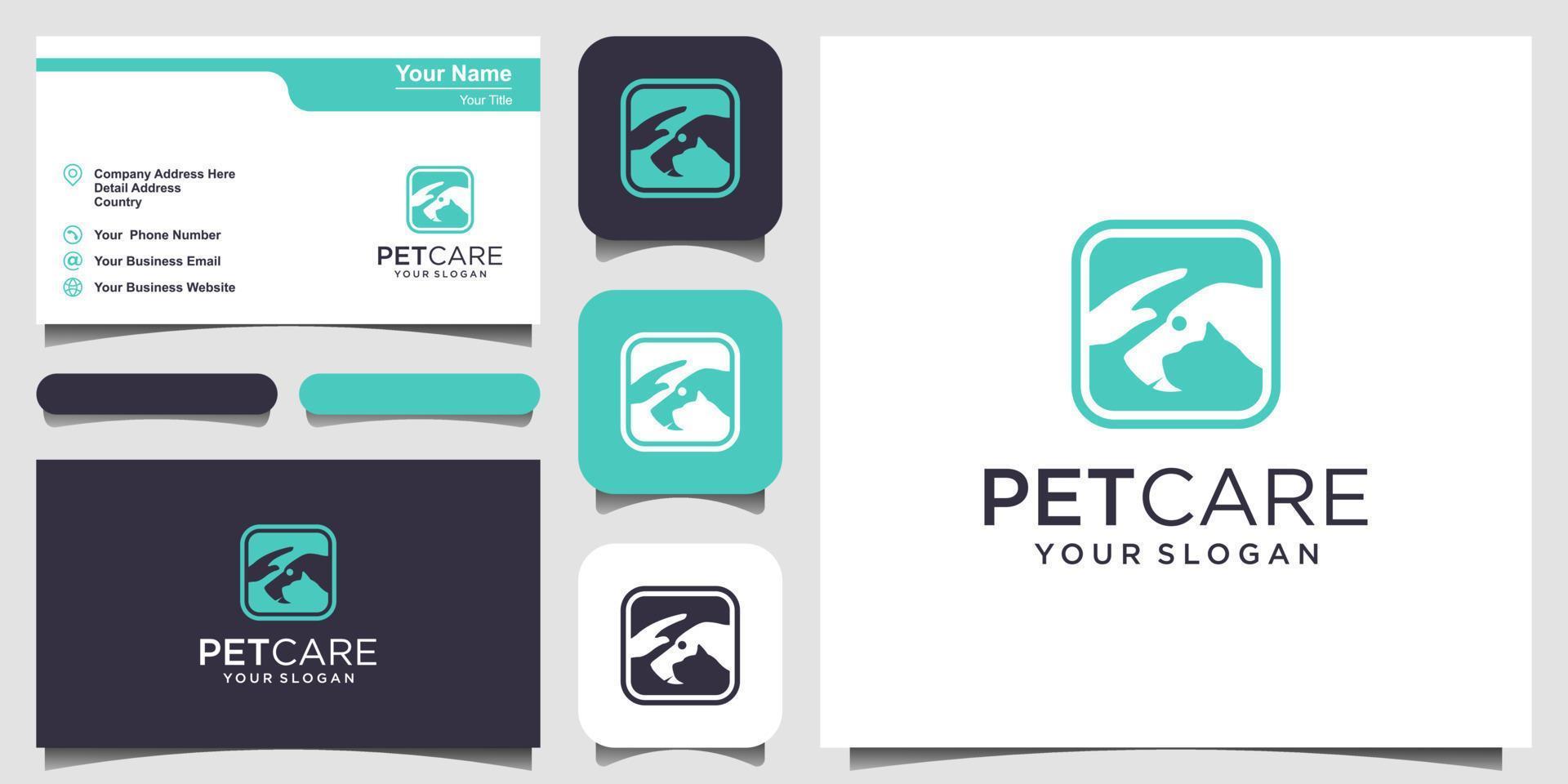 pet care shop dog and cat with hand logo icon vector template. logo design and business card