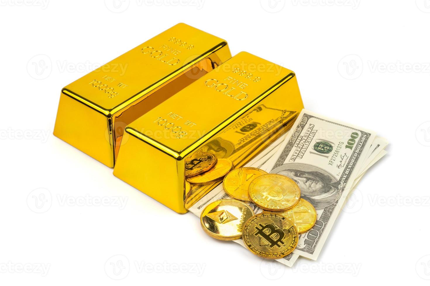Golden Bitcoins of new digital money, US dollars and gold bars on white background photo