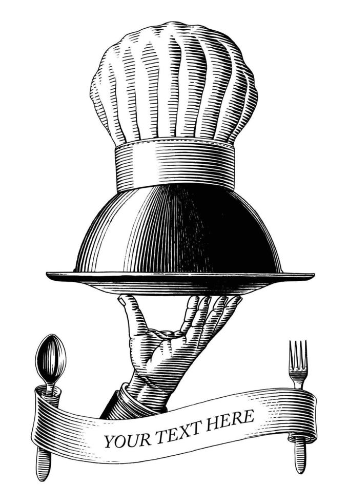 Mano sujetando la bandeja de comida con gorro de chef dibujo vintage estilo grabado imágenes prediseñadas en blanco y negro aislado sobre fondo blanco. vector