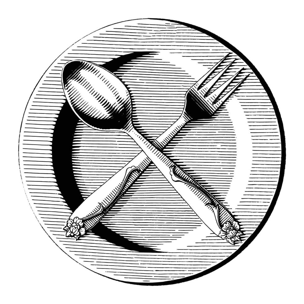 Cruz de cuchara y tenedor en plato dibujar a mano vintage estilo grabado imágenes prediseñadas en blanco y negro aislado sobre fondo blanco. vector