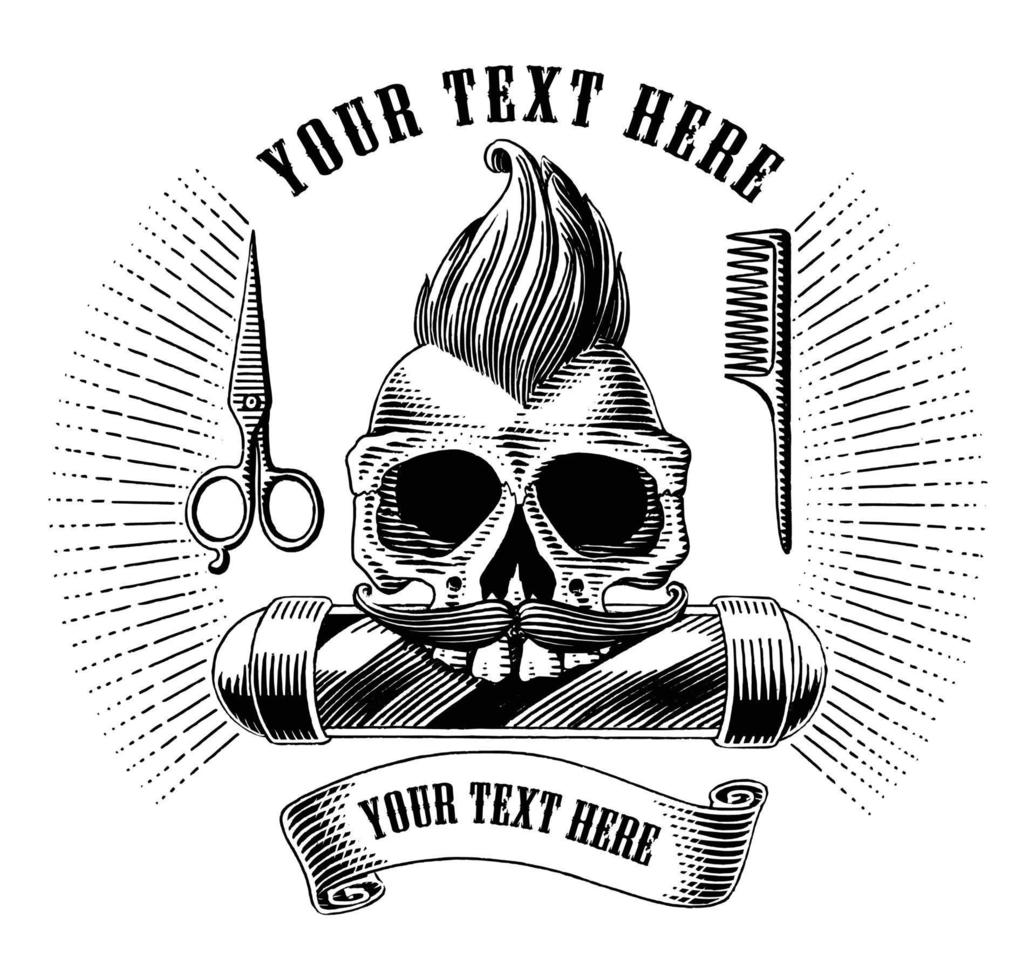 logotipo de barbería y símbolo dibujar a mano estilo de grabado vintage imágenes prediseñadas en blanco y negro aislado sobre fondo blanco vector