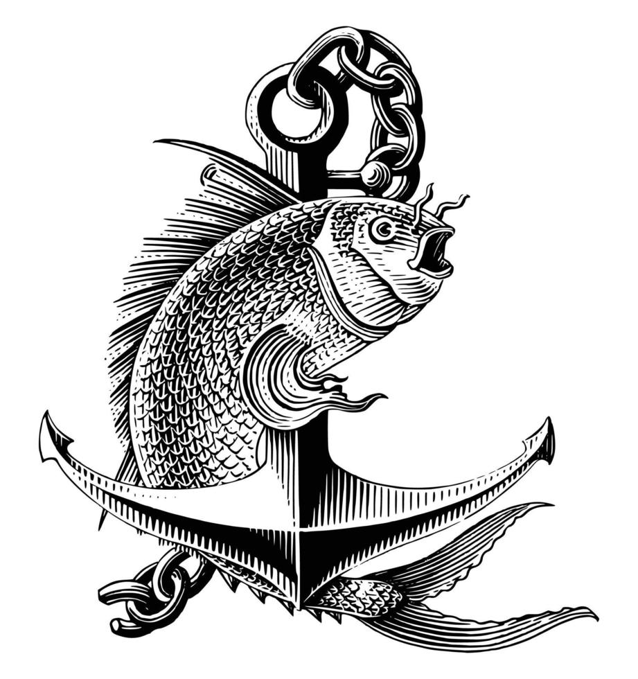 Sea fish jumping around anchor hand draw vintage engraving style black and white clip art isolated on white background vector