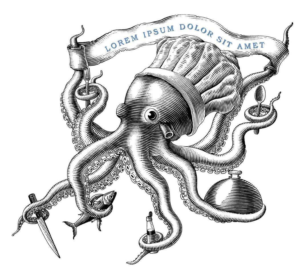 The Octopus chef logo design hand draw vintage engraving style black and white clipart isolated on white background vector