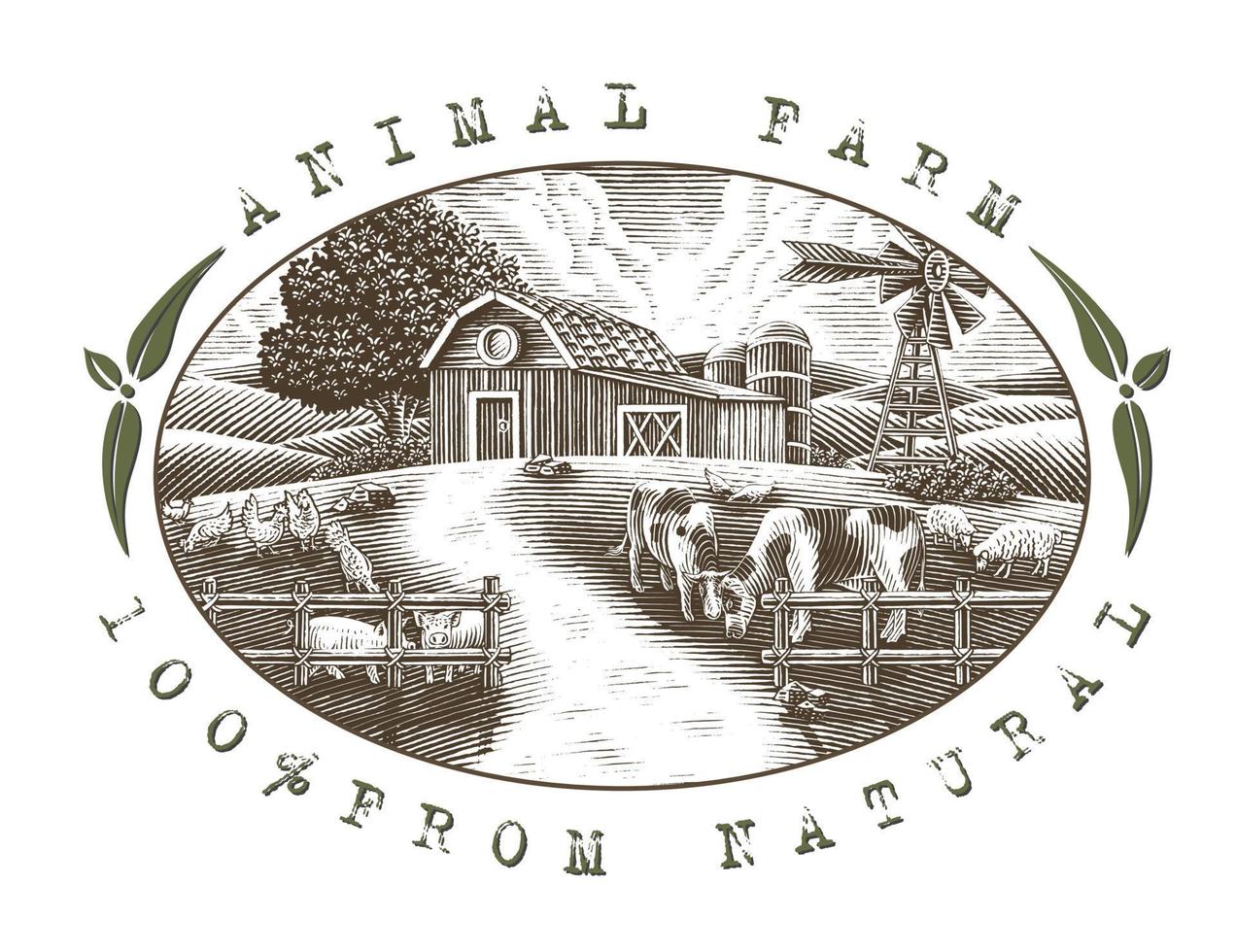 paisaje del logotipo de la granja de animales dibujar a mano estilo de grabado vintage imágenes prediseñadas en blanco y negro aislado sobre fondo blanco vector