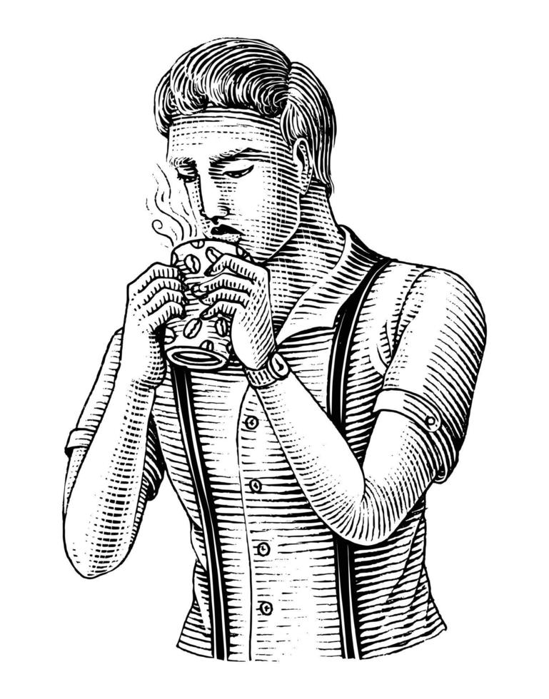 hombre sosteniendo una taza de café y bebiendo café dibujar a mano estilo grabado vintage imágenes prediseñadas en blanco y negro aislado sobre fondo blanco vector