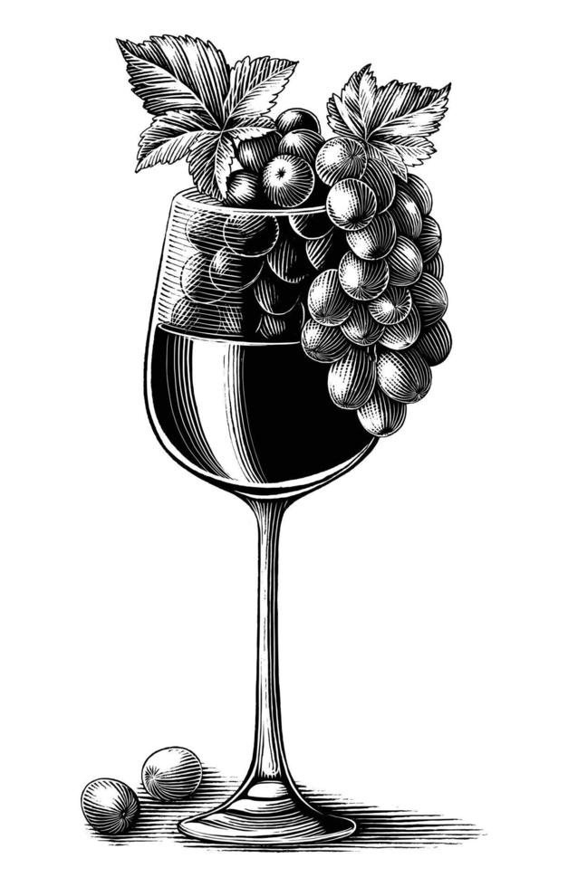 Vino de uva con vidrio dibujado a mano vintage estilo grabado imágenes prediseñadas en blanco y negro aislado sobre fondo blanco. vector