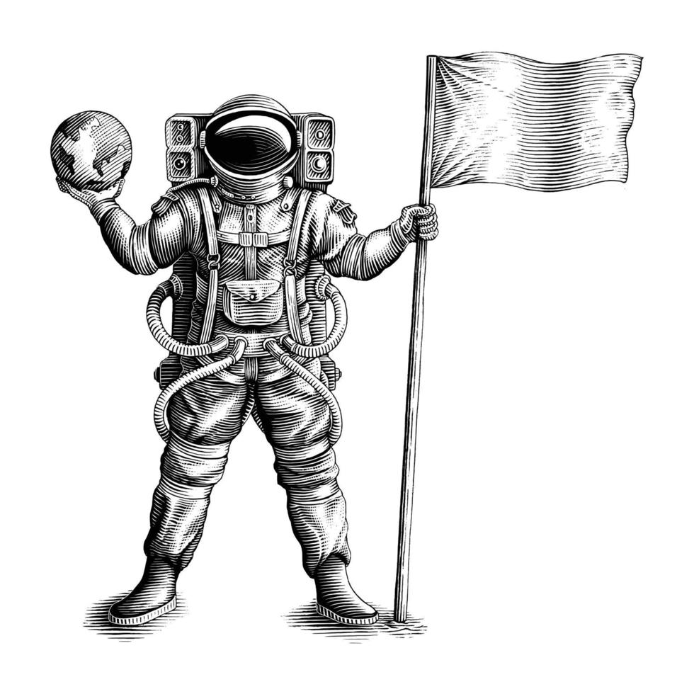 el astronauta de pie y sosteniendo la bandera y el globo terráqueo dibujar a mano estilo grabado vintage imágenes prediseñadas en blanco y negro aislado sobre fondo blanco vector