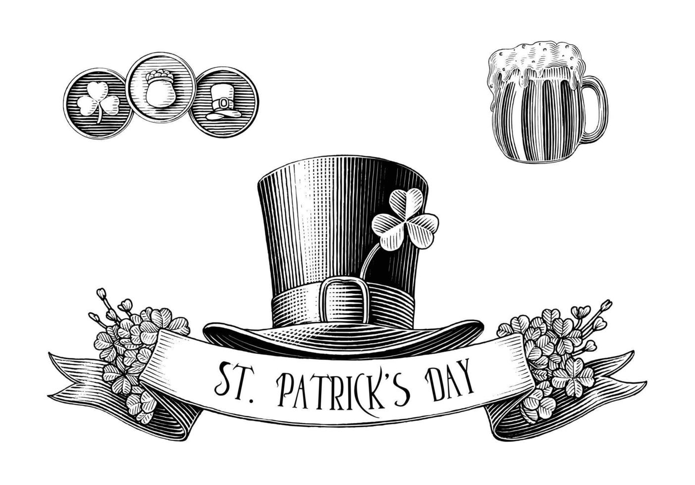 logotipo del día de san patricio dibujar a mano estilo de grabado vintage imágenes prediseñadas en blanco y negro aislado sobre fondo blanco vector