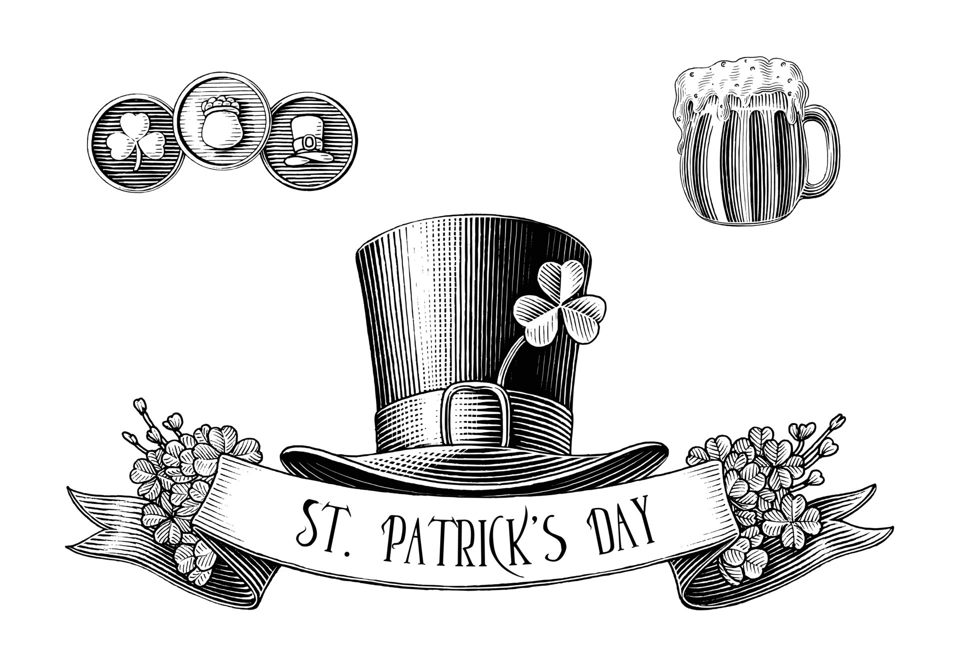Saint Patrick's Day logo hand draw vintage engraving style black and