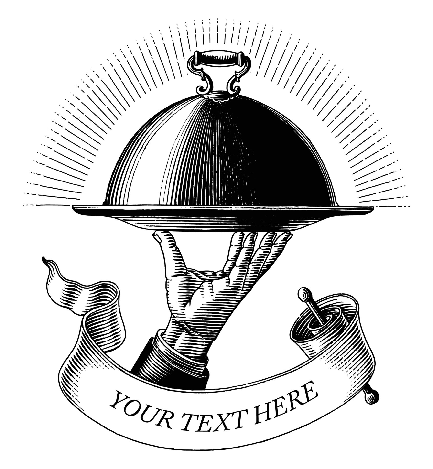Hand holding food tray drawing vintage engraving style black and white