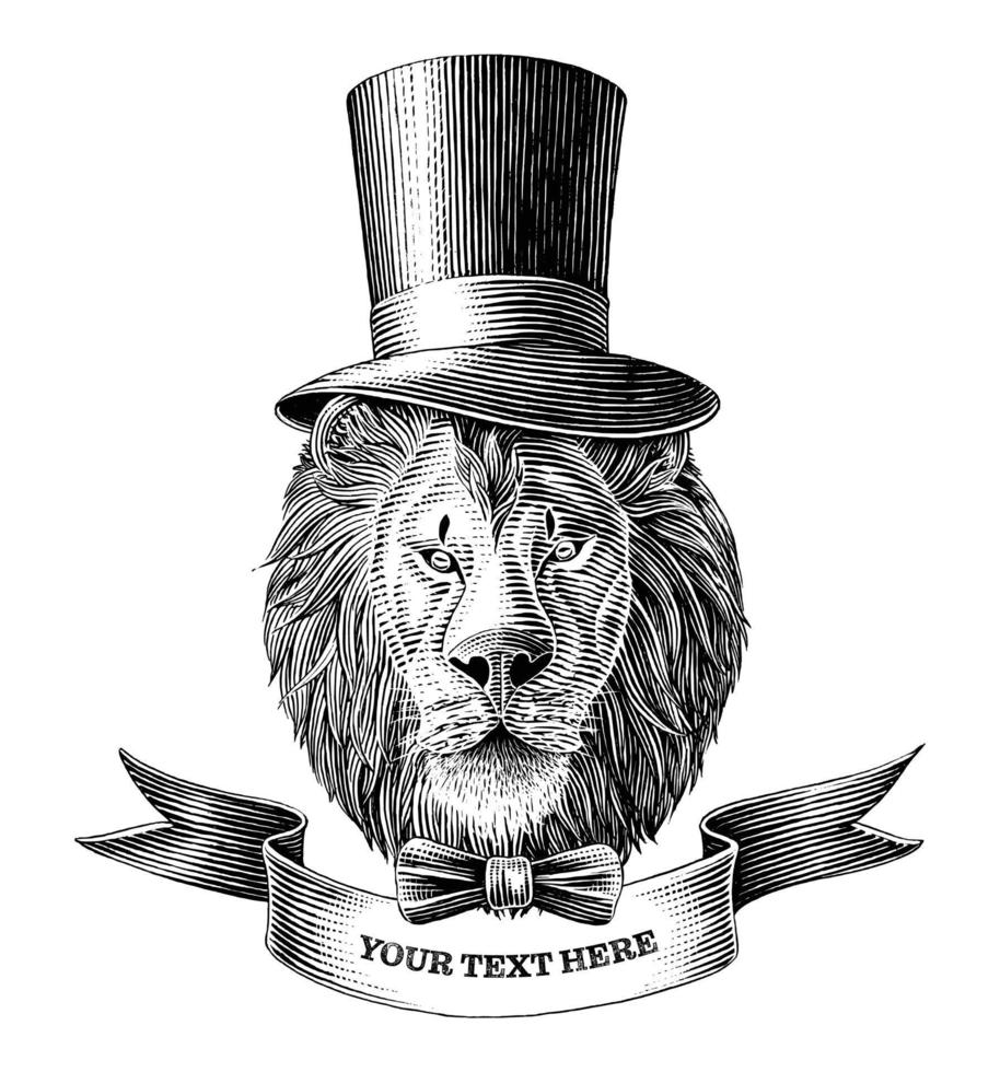 The lion man logo with banner hand draw vintage engraving illustration black and white clip art isolated on white background vector