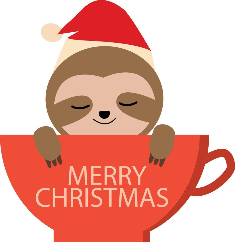 cute cartoon sloth in red coffee cup. can be used poster, greeting card, t shirt. christmas sloth sign. Merry Christmas with cute sloth. vector