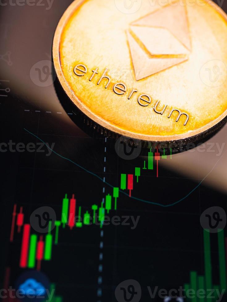 Ethereum coin with stock graph background. Digital currency concept. photo