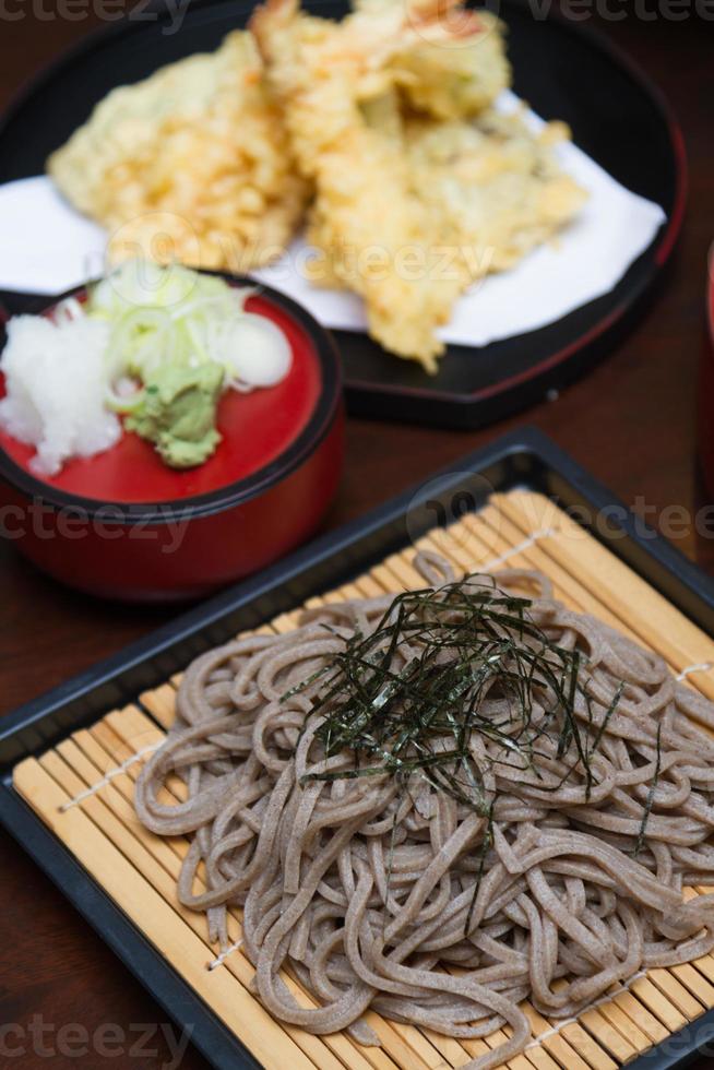 Noodles and Battered Shrimp. Soba with tempura noodle. Japanese food photo