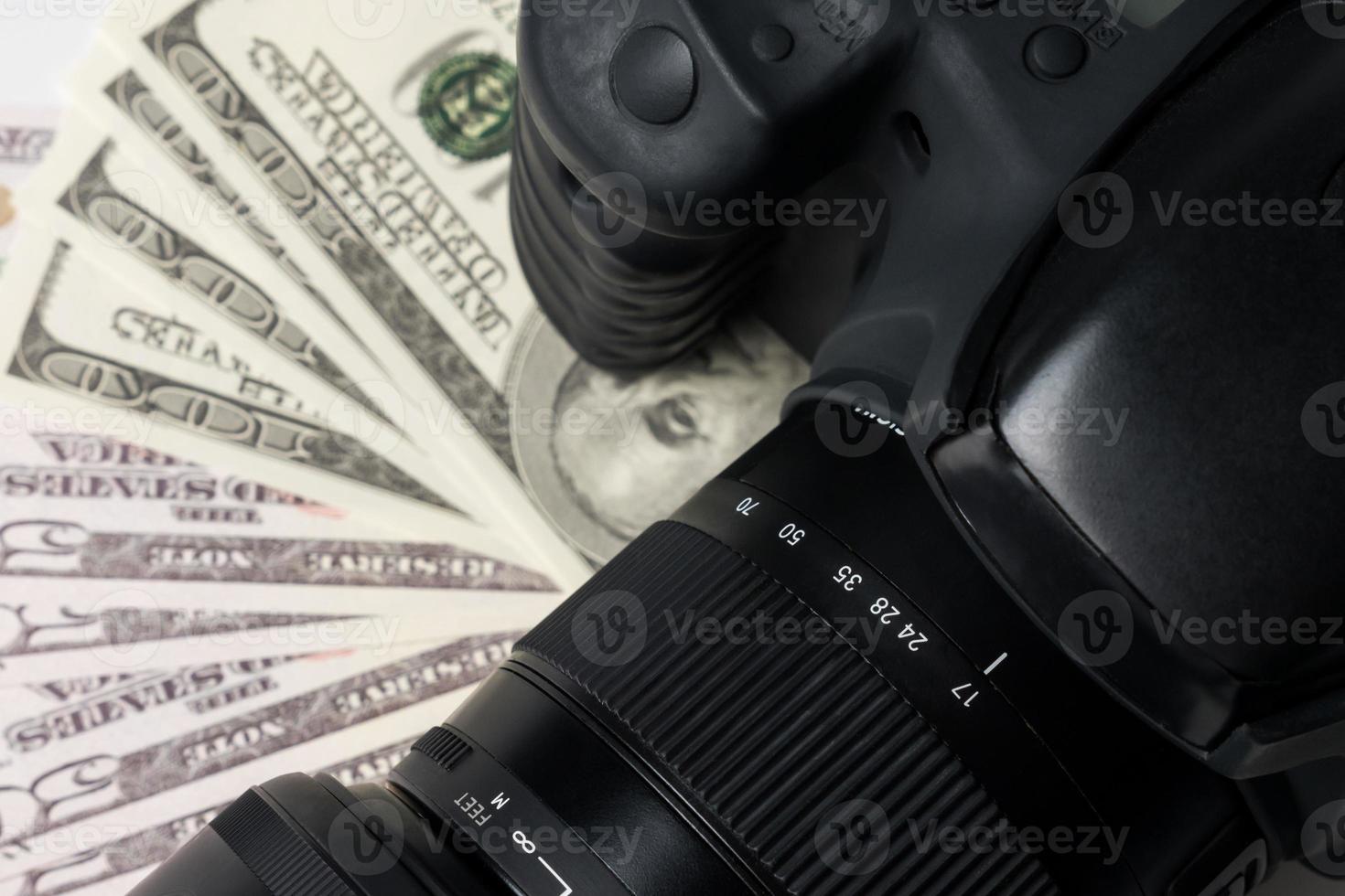 Close up of a black digital camera on banknotes. photo