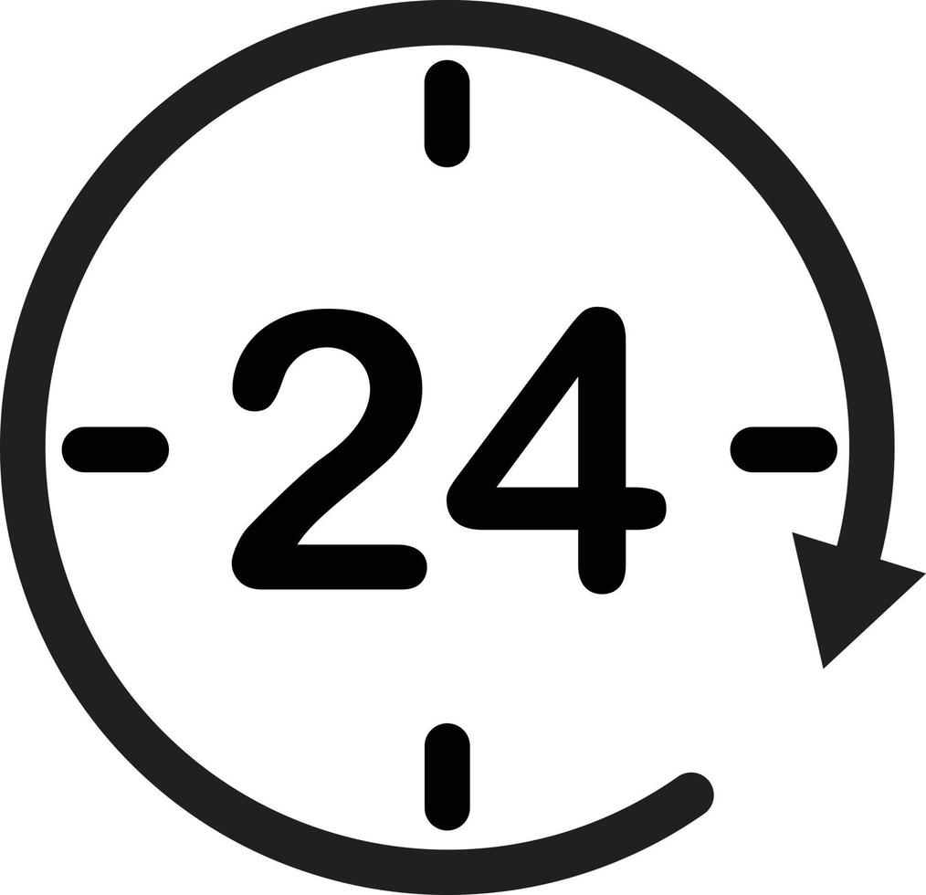 Asistencia 24 horas. símbolo del reloj icono abierto las 24 horas. icono de veinticuatro horas. Señal de 24 horas. vector