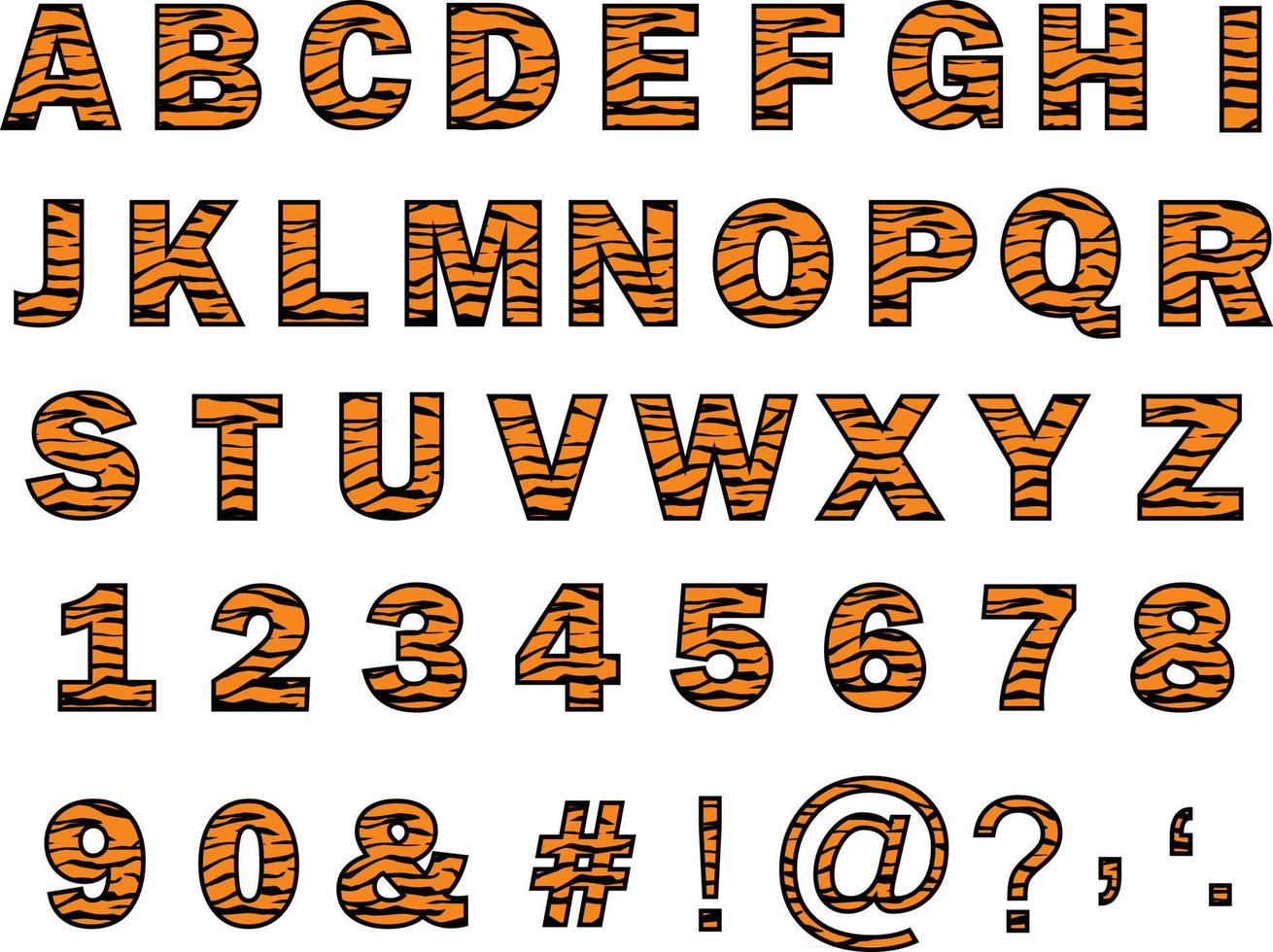 alfabeto con textura de piel de tigre. tigre alfabetos y números sobre fondo blanco. fuente de tigre. vector