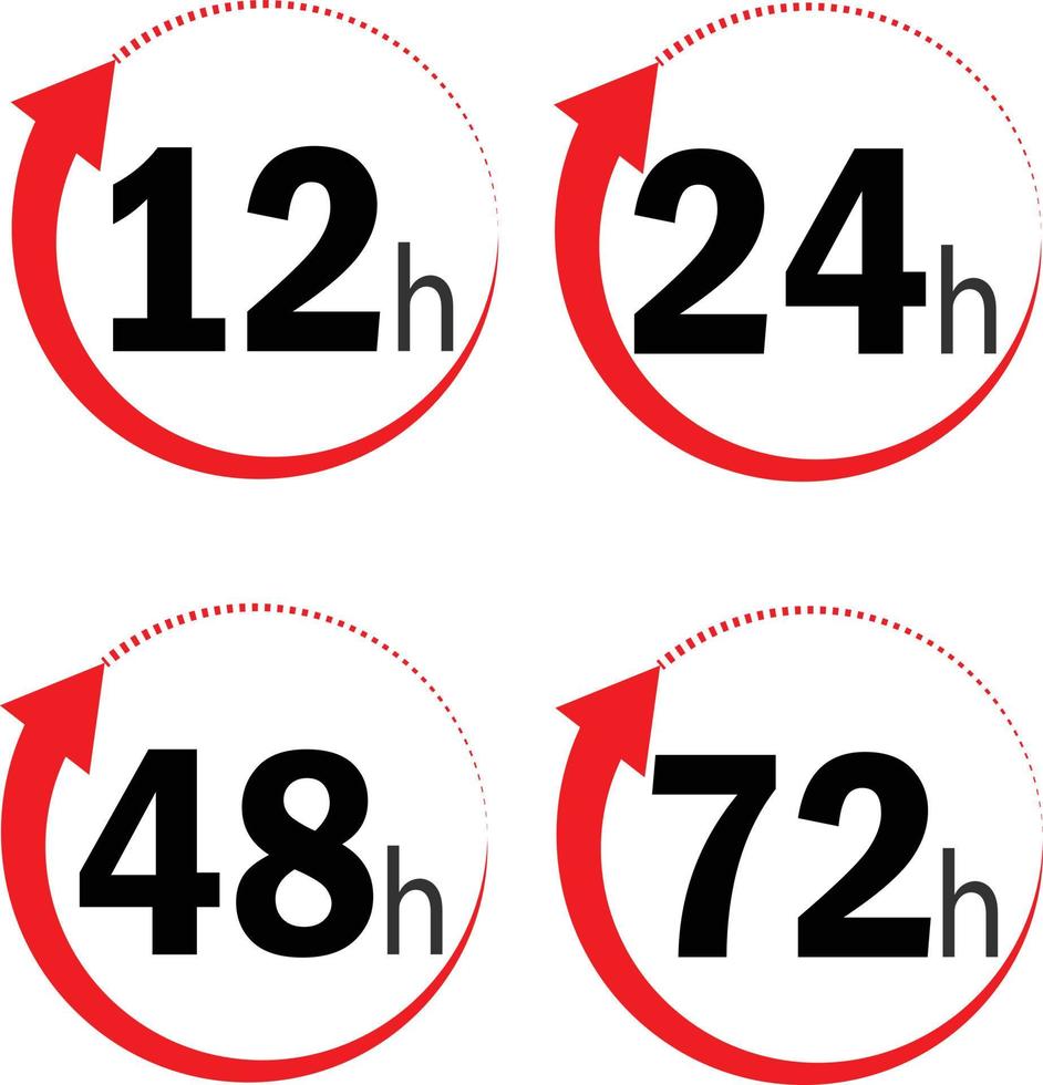 Icono de flecha de reloj de 12, 24, 48 y 72 horas sobre fondo blanco. estilo plano iconos de tiempo de servicio de entrega para el diseño de su sitio web, logotipo, aplicación, ui. símbolo de efecto de tiempo de trabajo. signo de flecha de reloj. vector