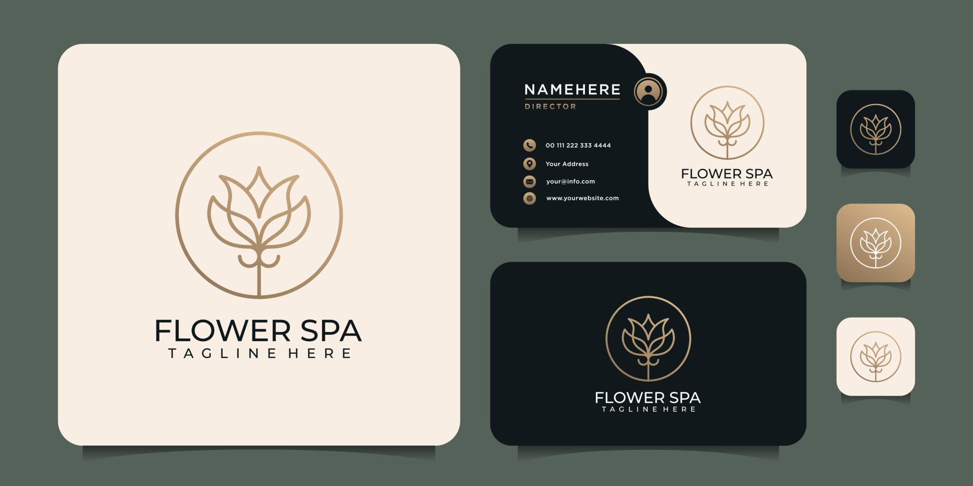 spa de lujo de belleza diseño de logotipo dorado icono de salón de moda y plantilla de tarjeta de visita vector