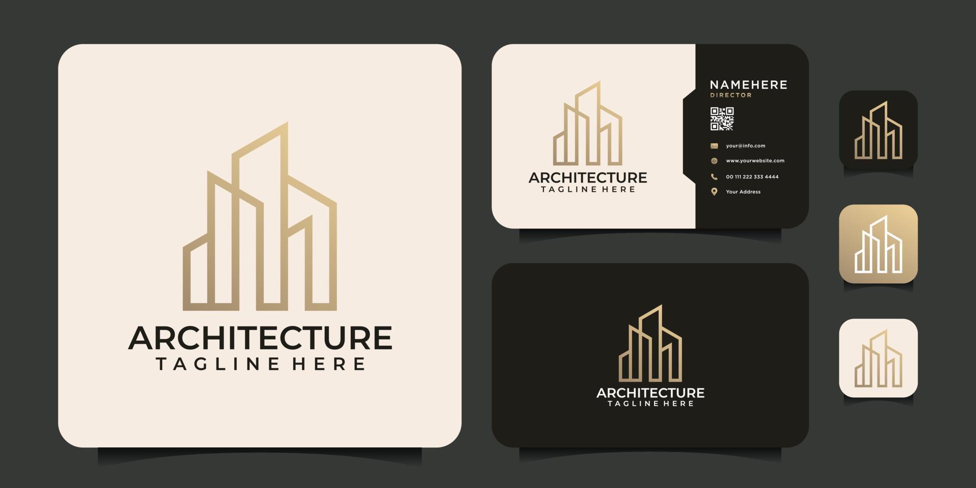 elementos de diseño de logotipo de edificio de arquitectura de línea de monograma de lujo con tarjeta de visita vector