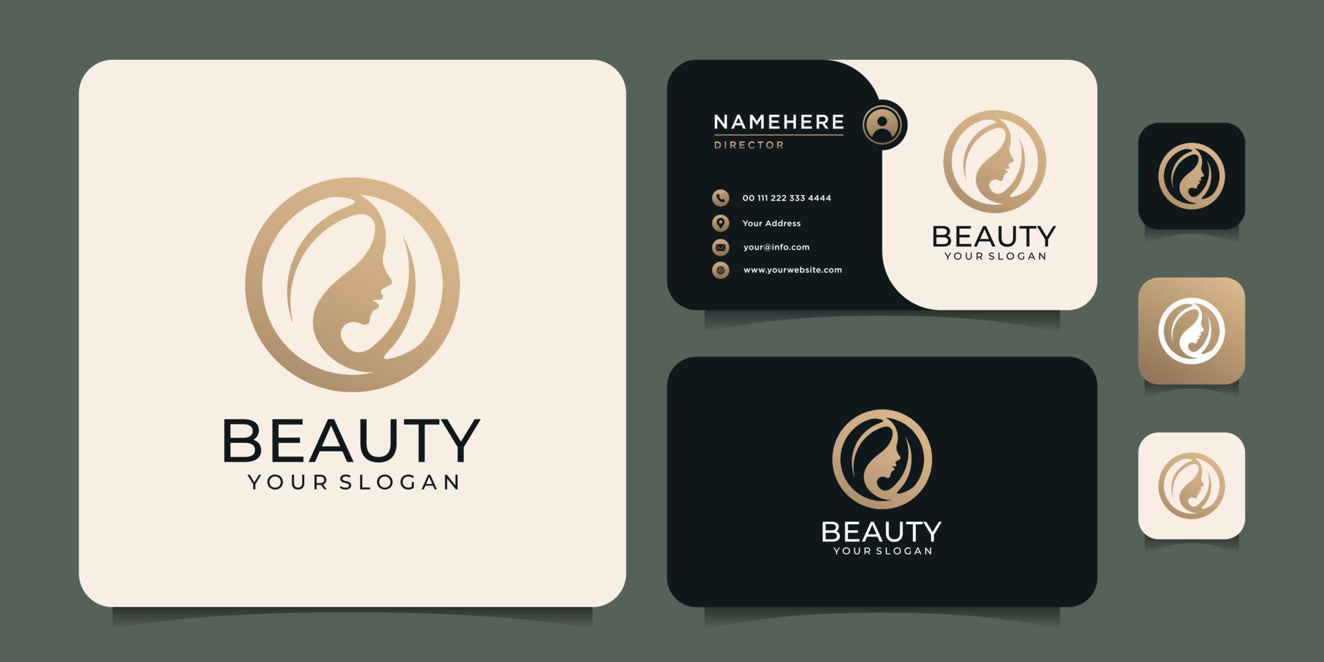 diseño de logotipo de peinado de mujer de belleza con tarjeta de visita para elementos de salón de personas de la naturaleza vector