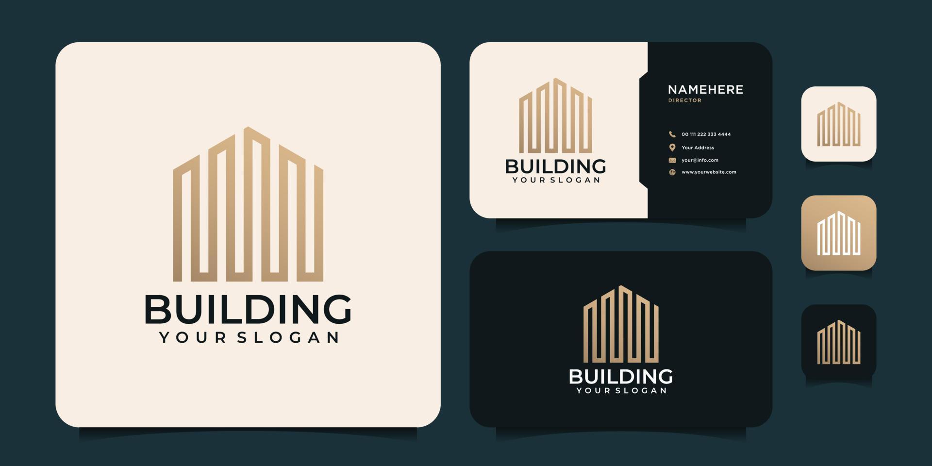 edificio diseño de logotipo de bienes raíces lujo creativo simple con forma geométrica y tarjeta de visita vector