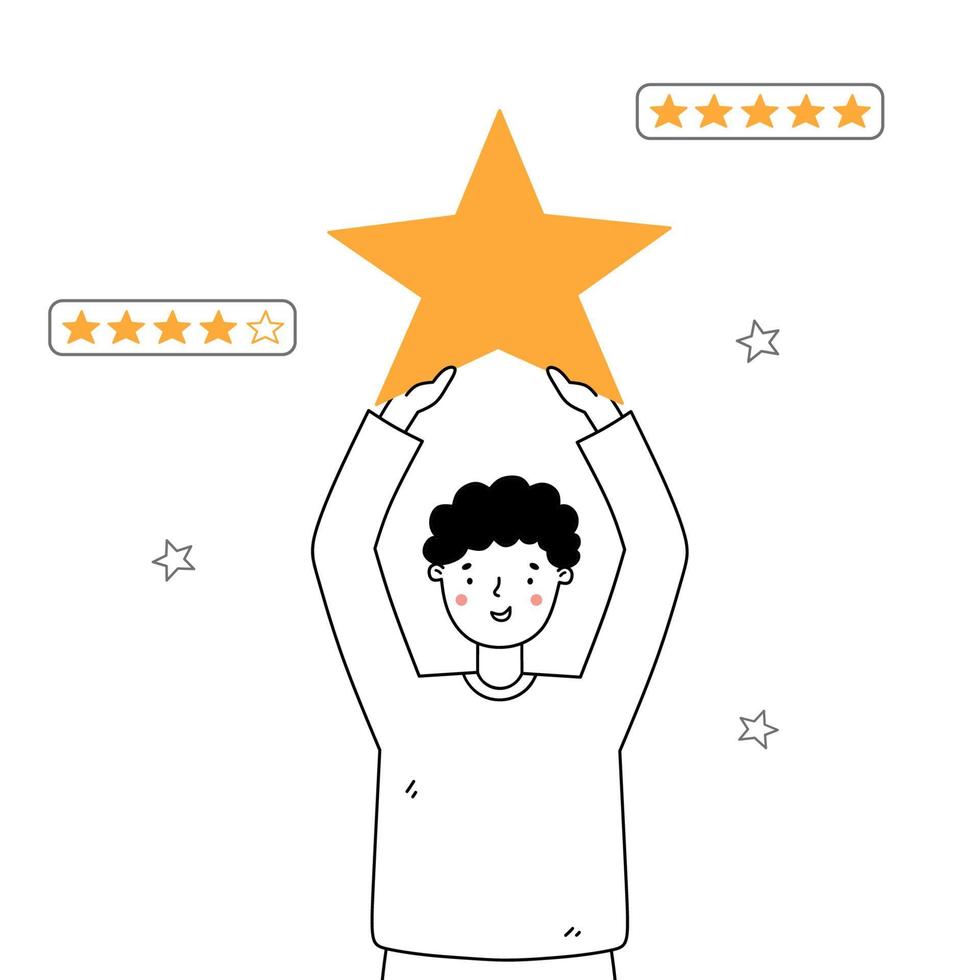 Smiling person holds a star and gives feedback or a positive rating.  Customer evaluation, user experiences concept. Vector illustration in doodle style. Product quality control.