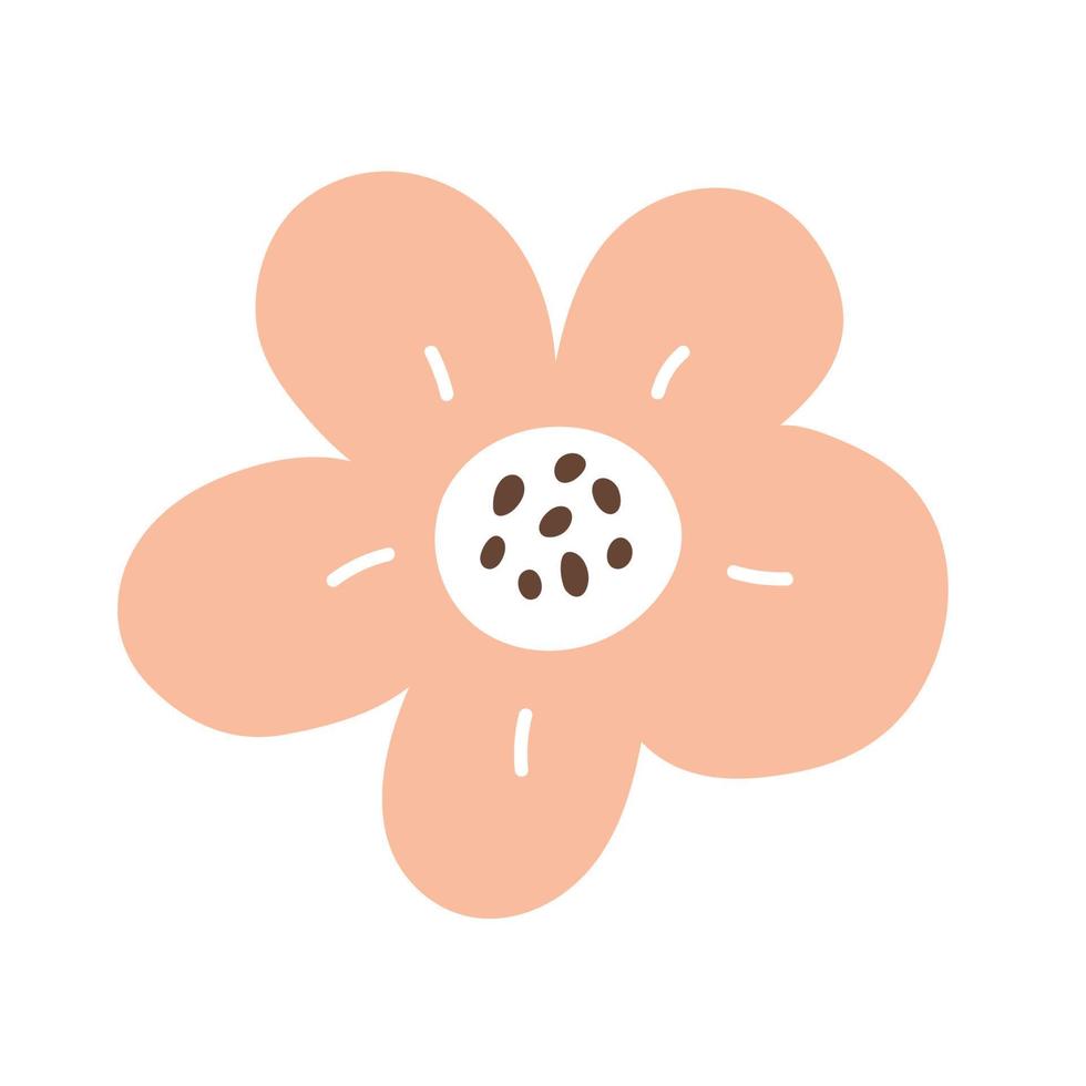 Cute pink flower isolated on white background. Vector illustration in hand-drawn flat style. Perfect for cards, logo, decorations, spring and summer designs. Botanical clipart.
