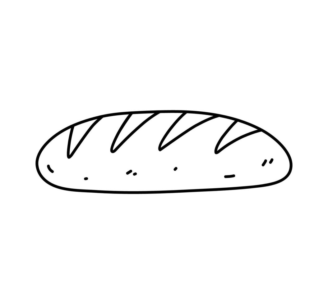 Loaf of bread isolated on white background. Wheat baked baguette. Vector hand-drawn illustration in doodle style. Perfect for cards, decorations, logo, menu, various designs.