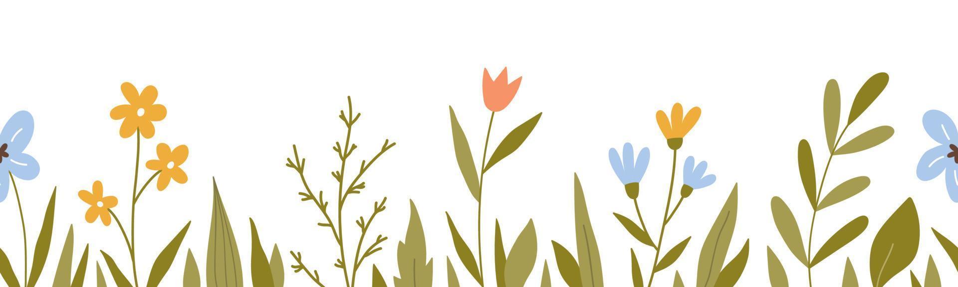 borde horizontal transparente con lindas flores y hojas. fondo botánico. perfecto para decoraciones, tarjetas de felicitación, diseños de pancartas. ilustración vectorial en estilo plano dibujado a mano. vector