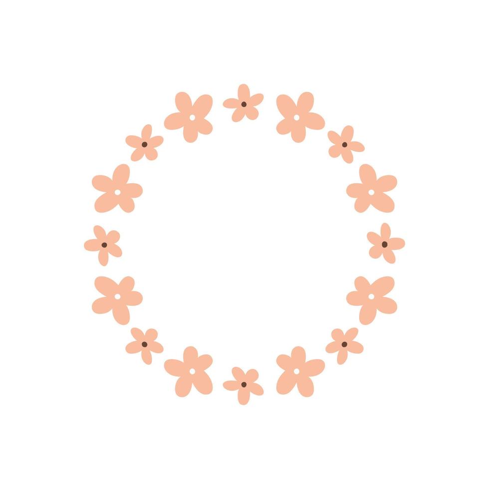 Floral wreath with cute pink daisies isolated on white background. Round frame with flowers. Vector hand-drawn illustration. Perfect for cards, invitations, decorations, logo, various designs.