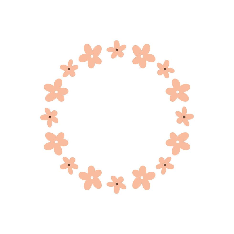 Floral wreath with cute pink daisies isolated on white background. Round frame with flowers. Vector hand-drawn illustration. Perfect for cards, invitations, decorations, logo, various designs.