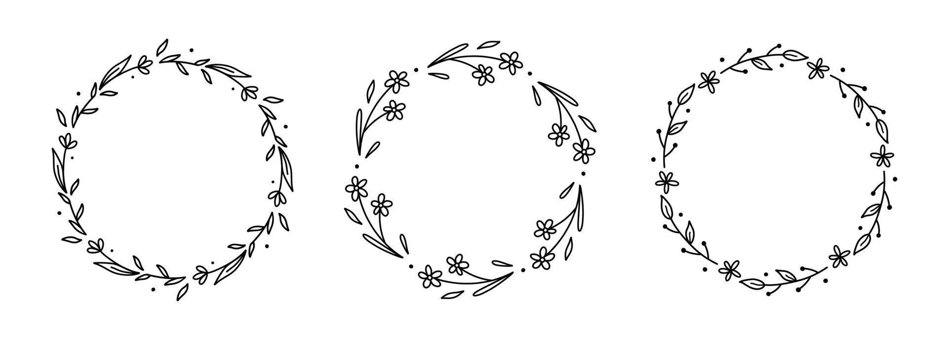 Set of floral wreath isolated on white background. Round frames with flowers and leaves. Vector hand-drawn illustration in doodle style. Perfect for cards, invitations, decorations, logo.