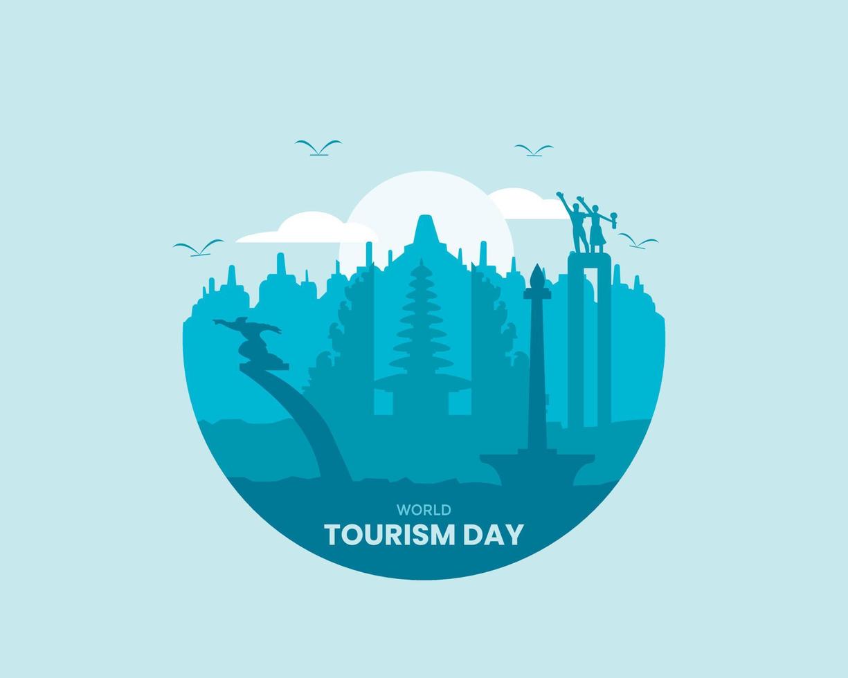 World Tourism Day With Indonesia Landmark Flat vector