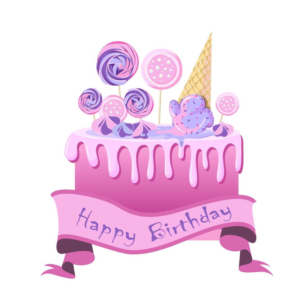 Happy birthday cake with bizet, decorations, ice cream and cream vector