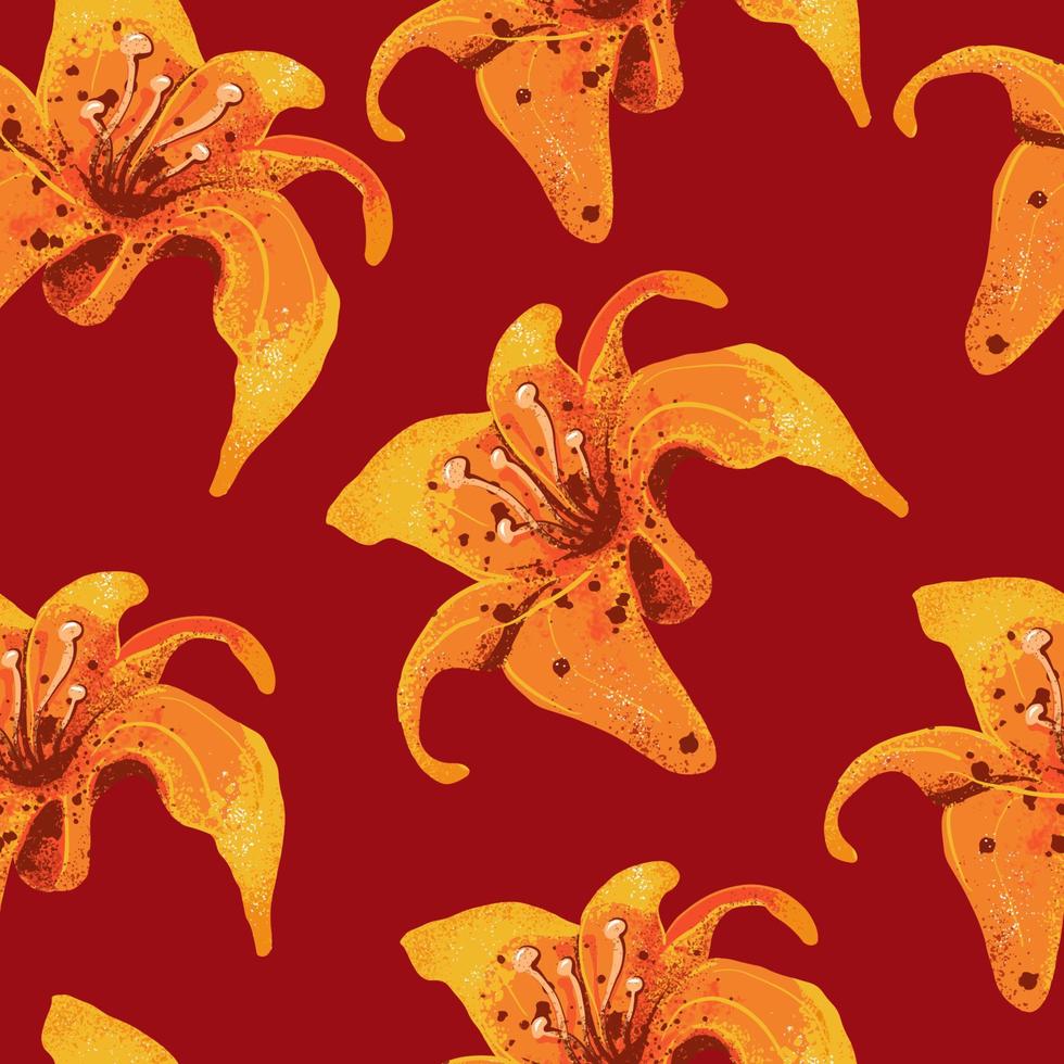 Pattern with orange lilies on red background. vector