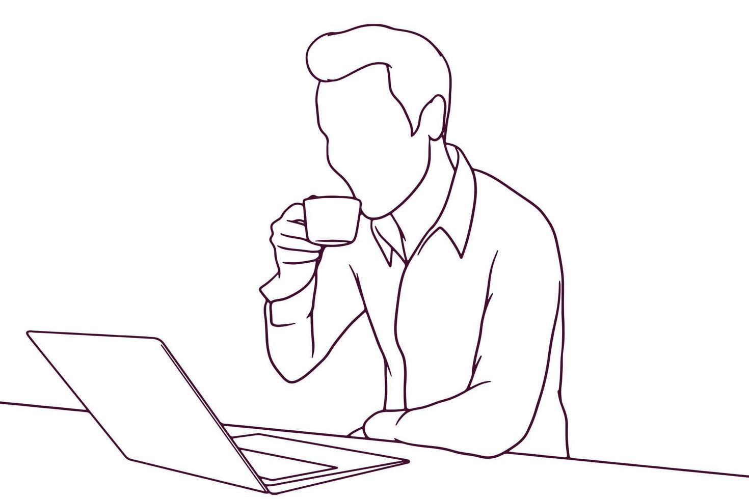 young  businessman drink coffe while working hand drawn style vector illustration