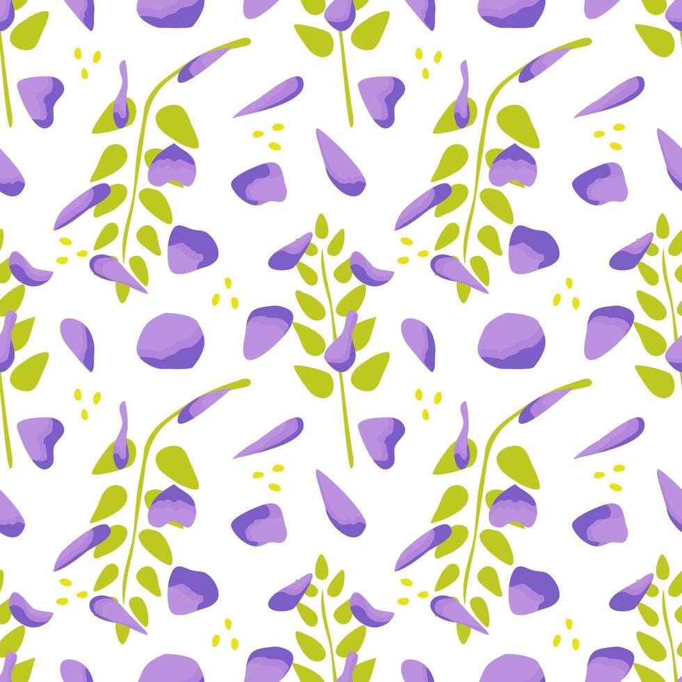 Seamless pattern with flowers. Wrapping paper pattern. Purple petals and green leaves. vector