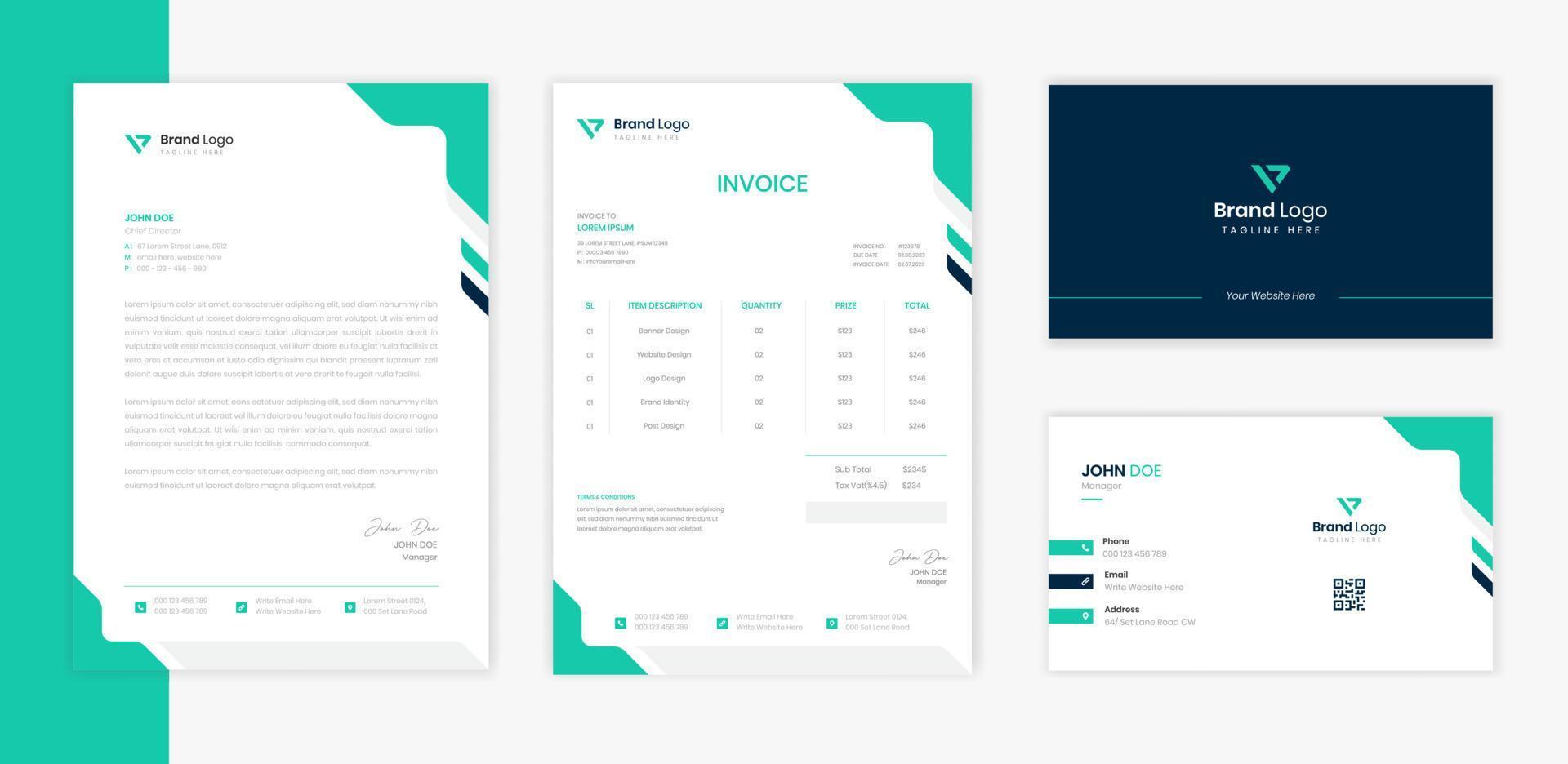 Green Corporate Stationery design set, Letterhead template, invoice design and business card bundle vector