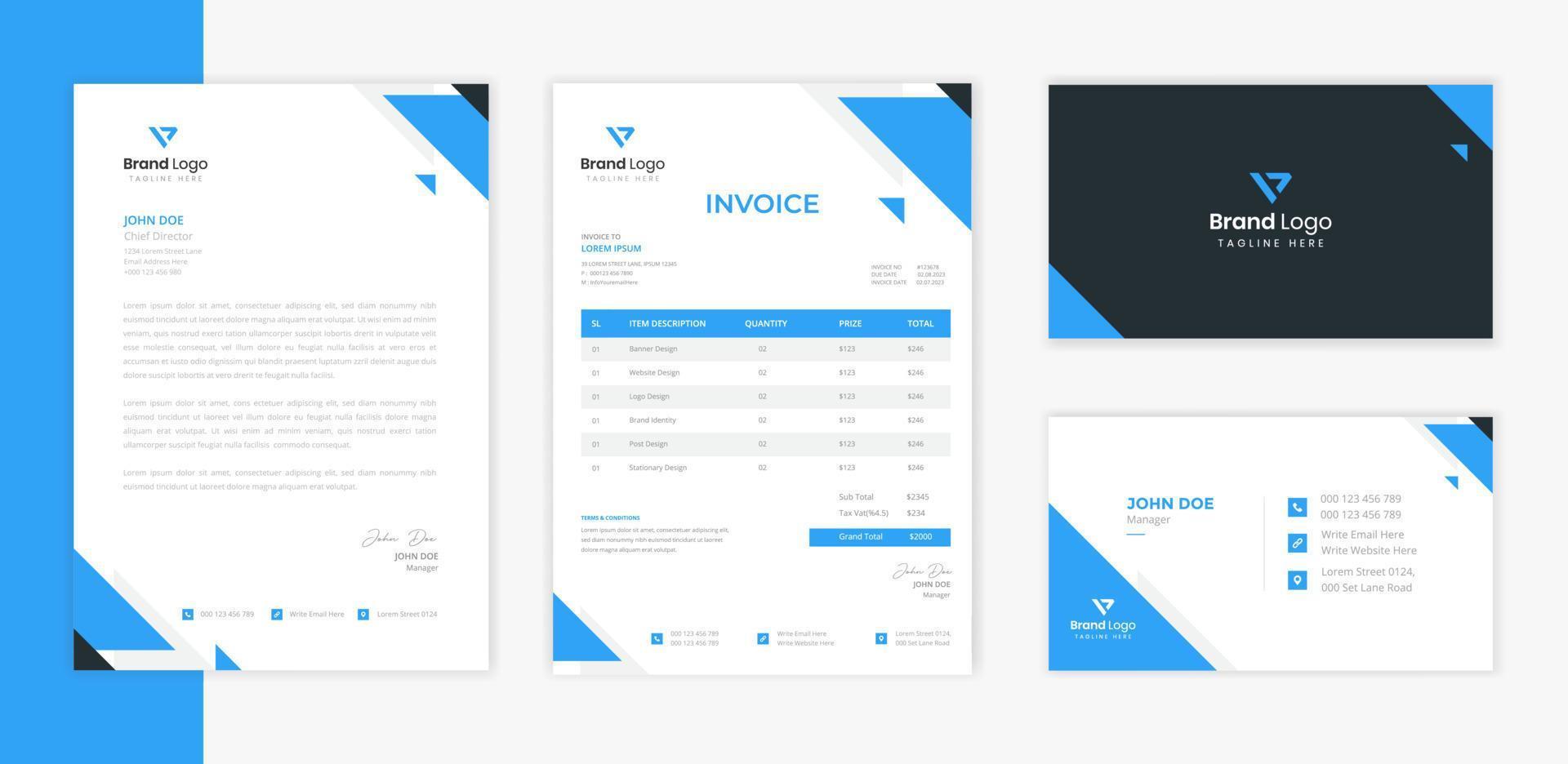 Blue Business Stationery design template with creative Letterhead, invoice and business card layout vector