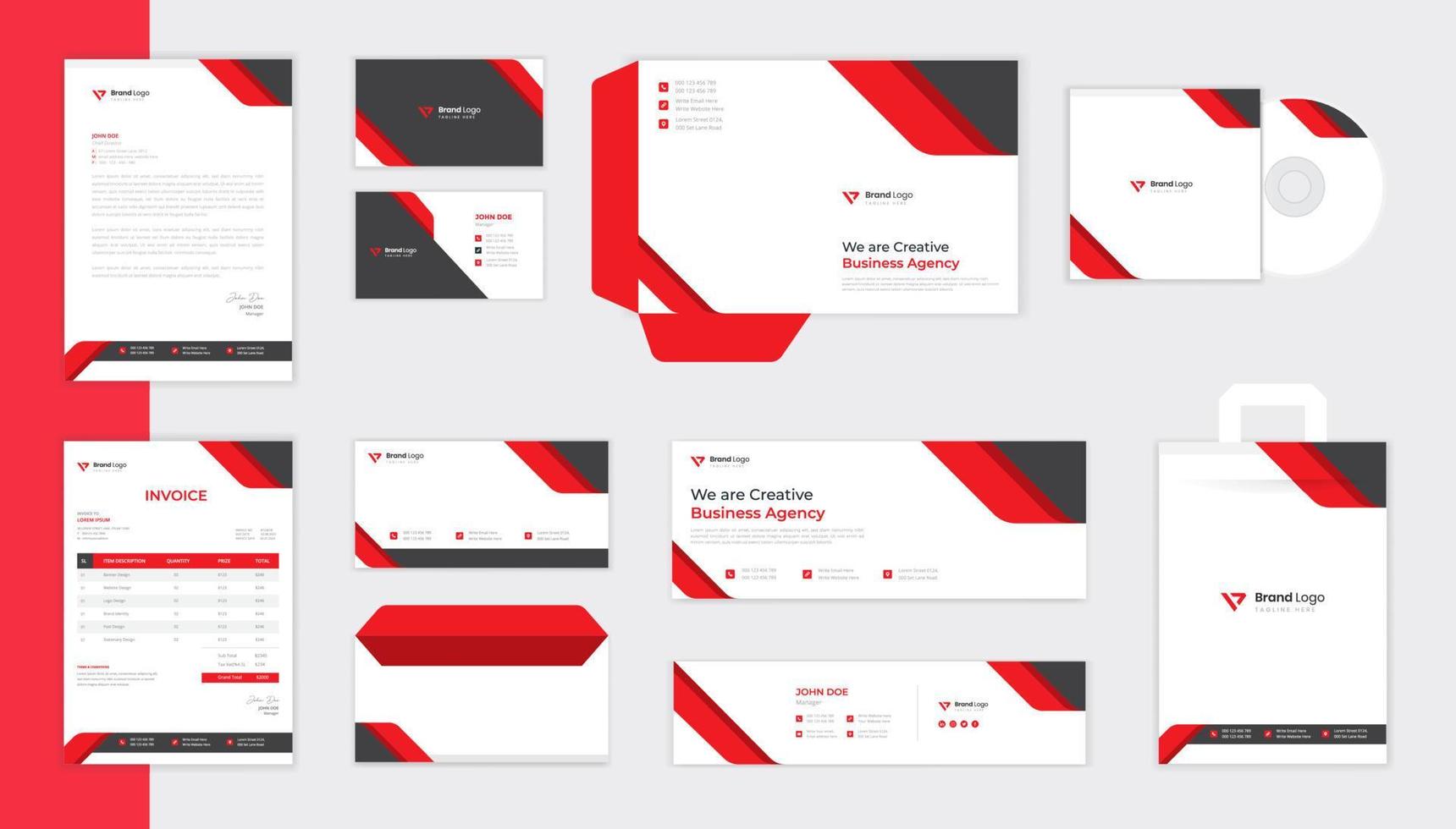 conjunto de diseño de papelería corporativa roja, identidad de marca comercial con membrete, vector de sobre