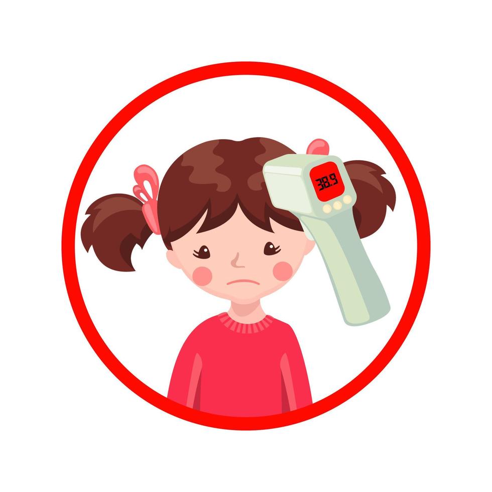 A sick girl with contactless infrared thermometer wich shows the heat temperature isolated on white background. Illustration in flat cartoon style. Vector illustration.