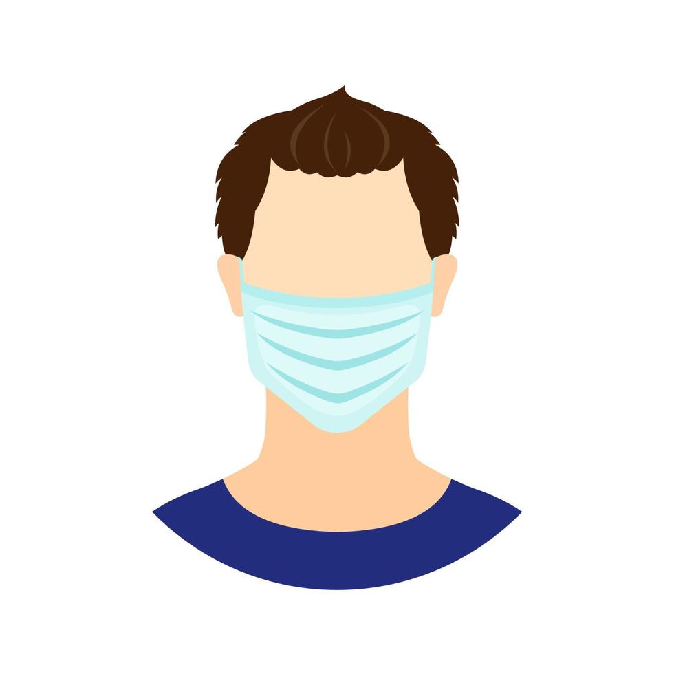 Man icon with medical mask in flat style isolated on white background. People in flue mask. Stop epidemic and allergy concept. Vector illustration.