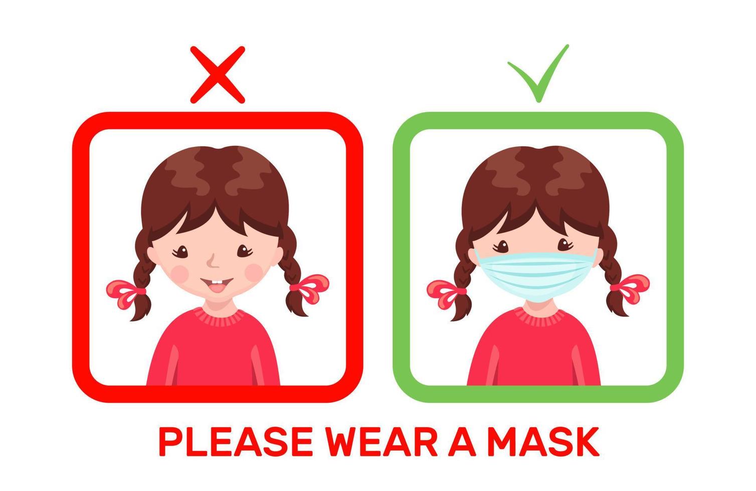 Cute girl with medical mask and without mask in cartoon style isolated on white background. Poster or banner with child in flue mask. Stop epidemic concept. Vector illustration.