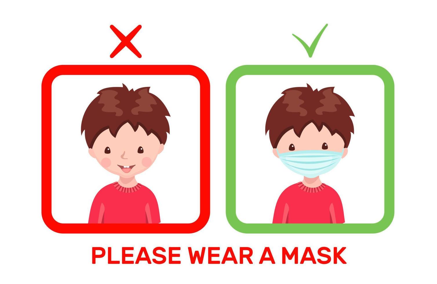 chico lindo con máscara médica y sin máscara en estilo de dibujos animados aislado sobre fondo blanco. afiche o pancarta con un niño con máscara de humo. detener el concepto de epidemia. ilustración vectorial vector