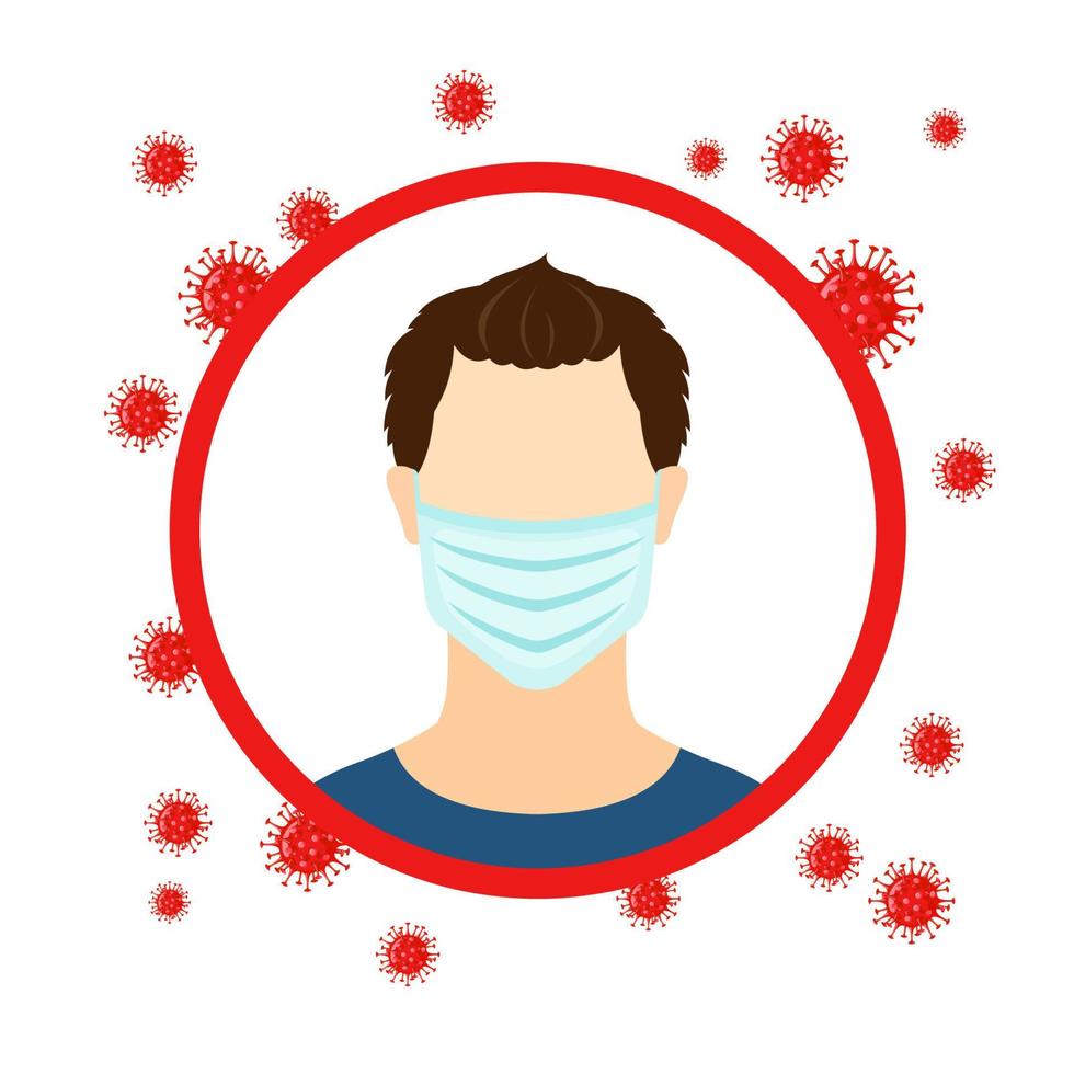 icono de hombre en máscara médica con bacterias coronavirus en estilo plano aislado sobre fondo blanco. detener el concepto pandémico covid-19. ilustración vectorial vector