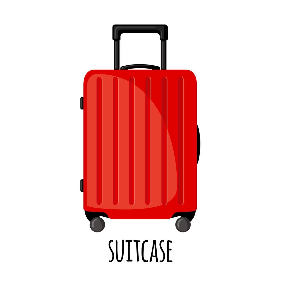 Travel suitcase with wheels in flat style isolated on white background. Red luggage icon for trip, tourism, voyage or summer vacation. vector