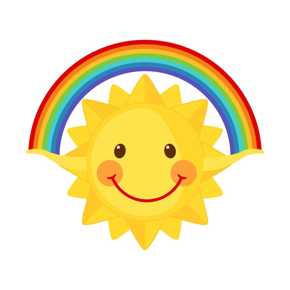 Cute sun holds a rainbow isolated on white background. Summer Icon in flat style. Vector illustration.