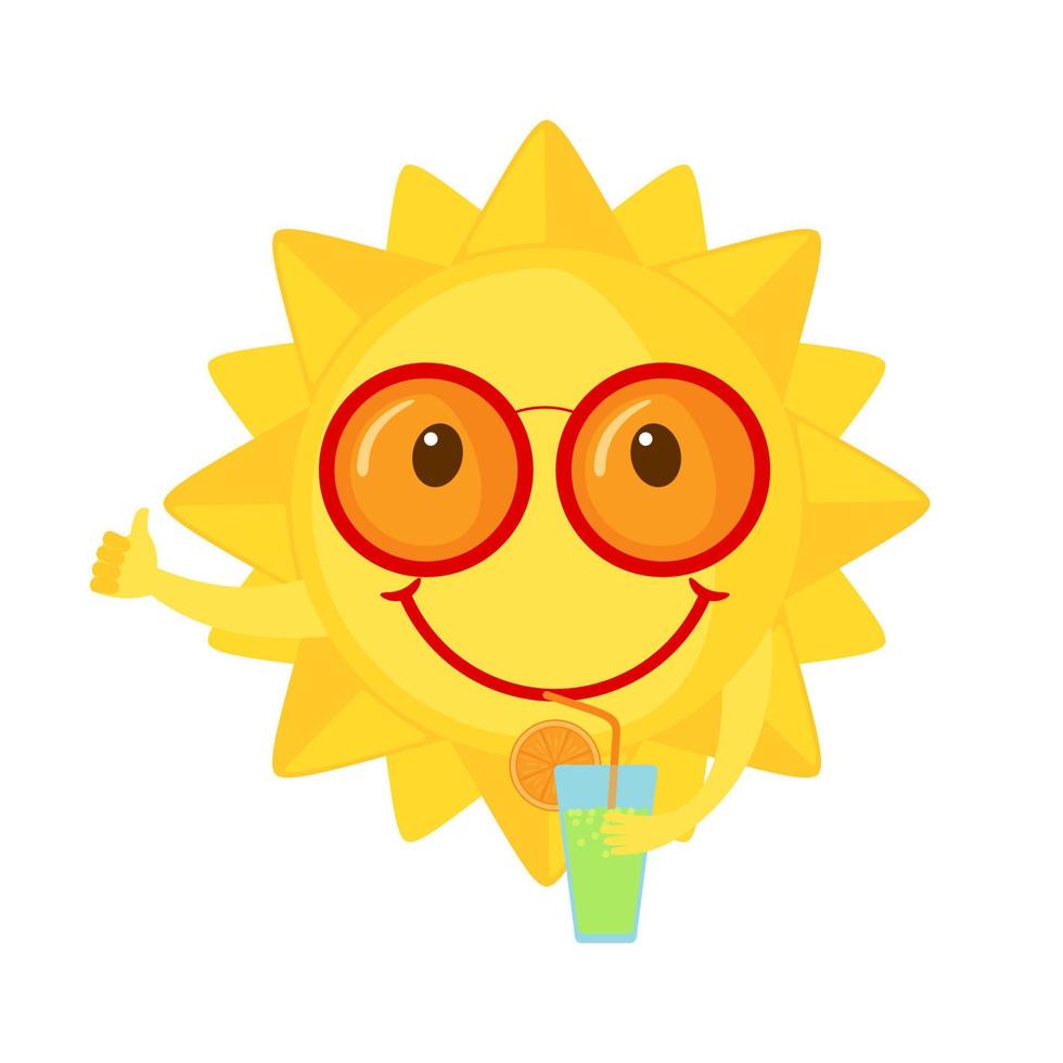 icono de sol divertido con cóctel en estilo plano aislado sobre fondo blanco. sol sonriente de dibujos animados. ilustración vectorial vector